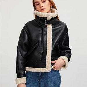 Faux Fleece Lined Leather Aviator Jacket